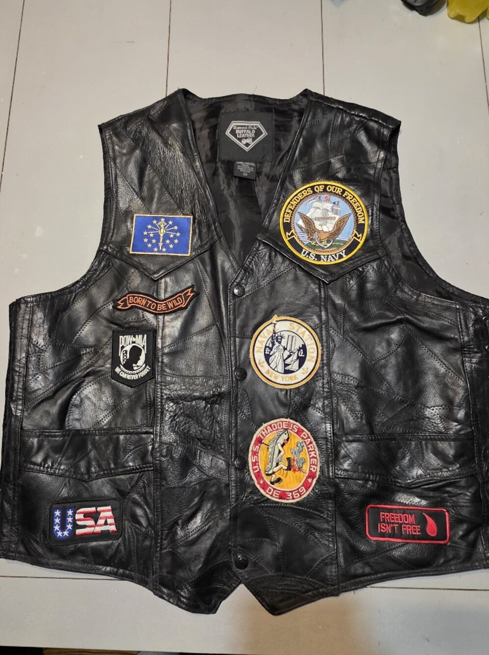 Diamond Supply Co. Black Leather Patch Vest with Military-Inspired Patches